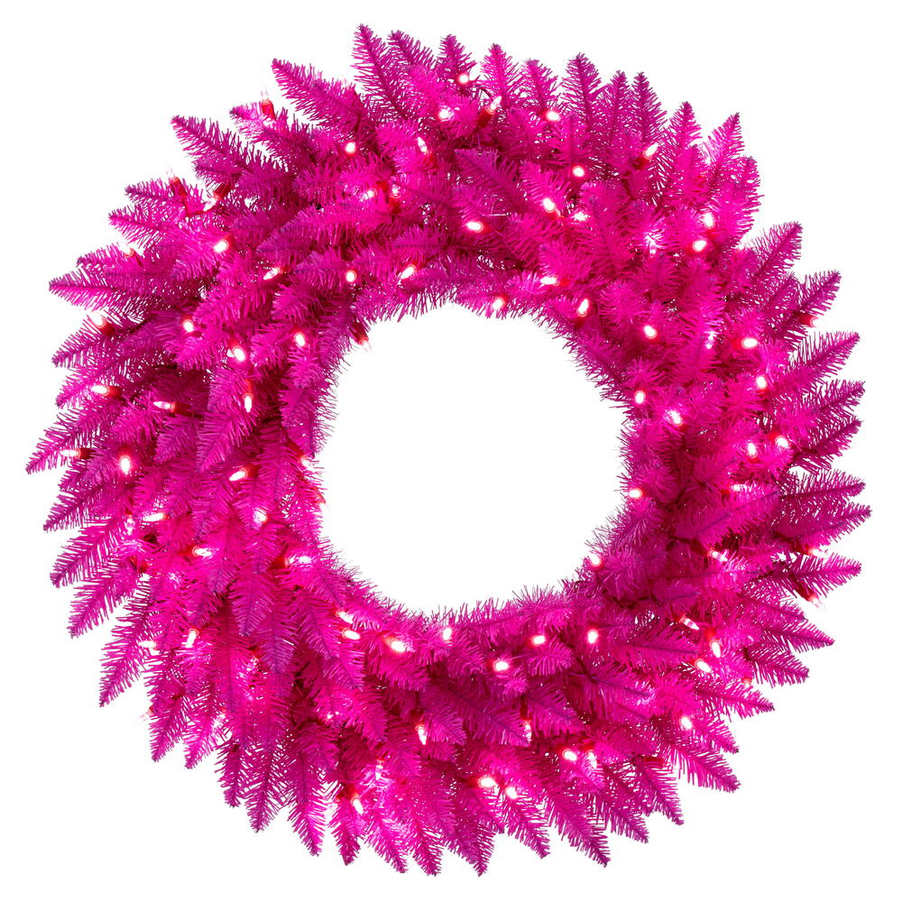 A243937LED 36 in. Hot Pink Artificial Pre-Lit Wreath with 150 Pink LED Mini Lights