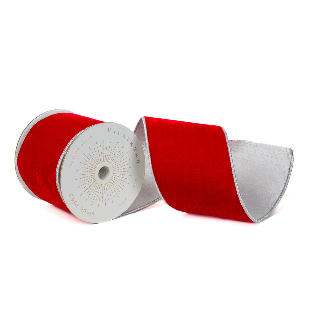 4 in. x 10 Yards Red Velvet Silver Metallic Trim Wired Ribbon