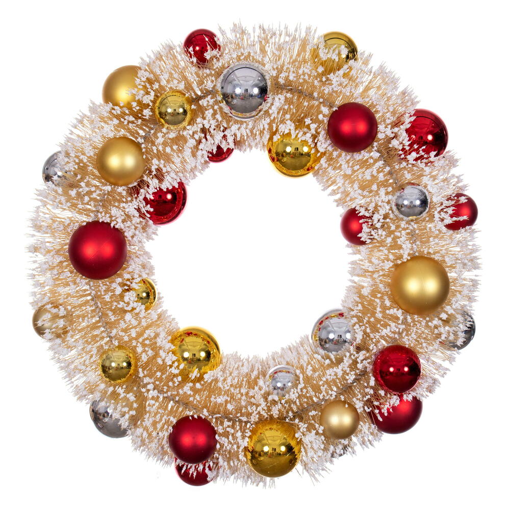 LS203819 18 in. Frosted Wreath, Red, Gold & Silver