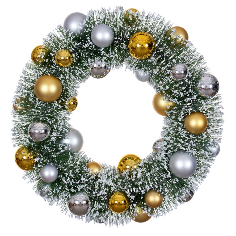 LS203619 18 in. Frosted Wreath, Green, Silver & Gold