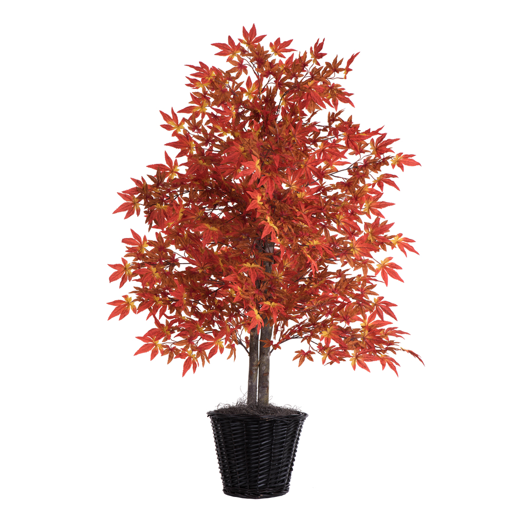 TBU3740 Artificial Orange Maple Bush with Rattan Basket - 4 ft., Orange