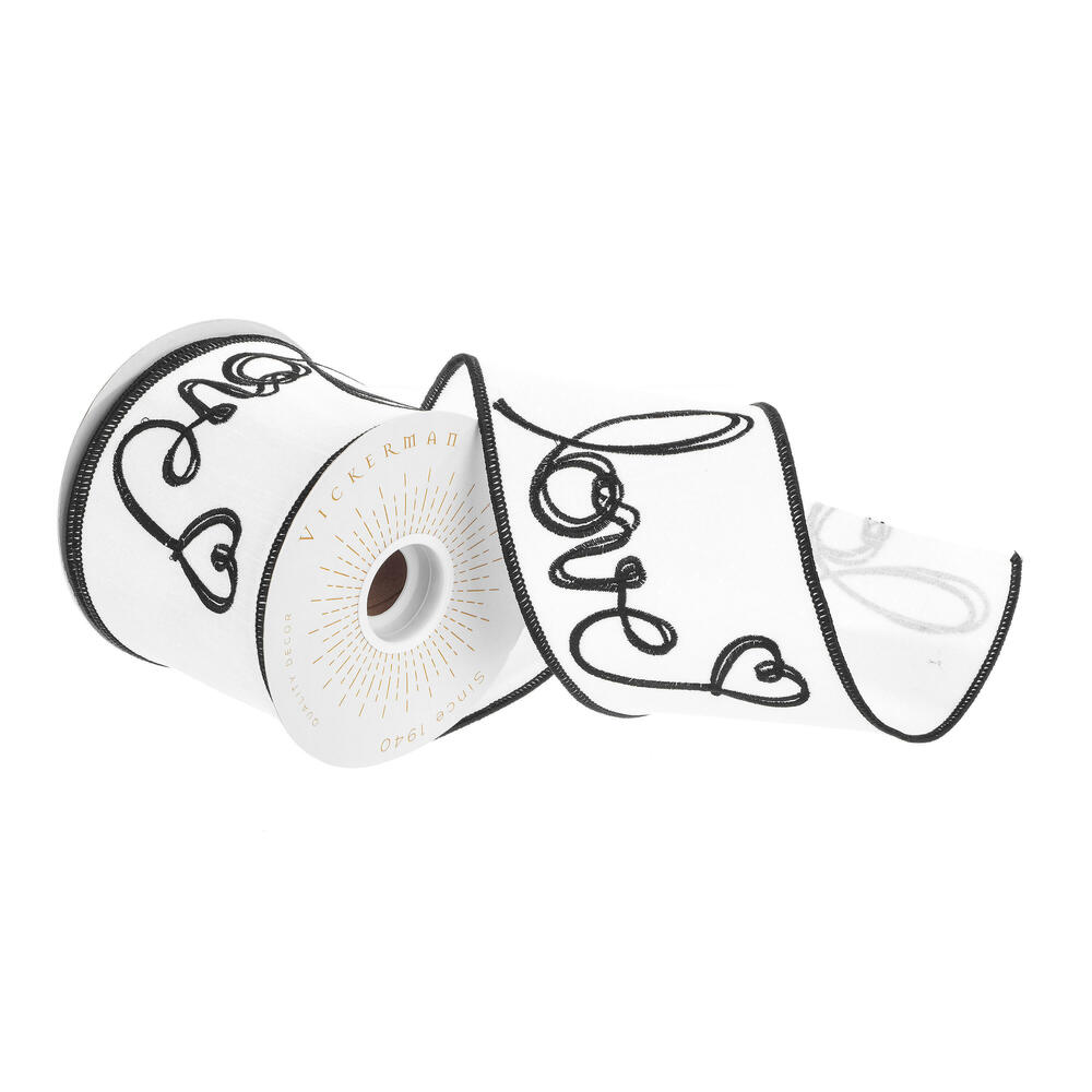 Q228970 4 in. x 10 yards Love Print Wired Edge Holiday Ribbon, White & Black