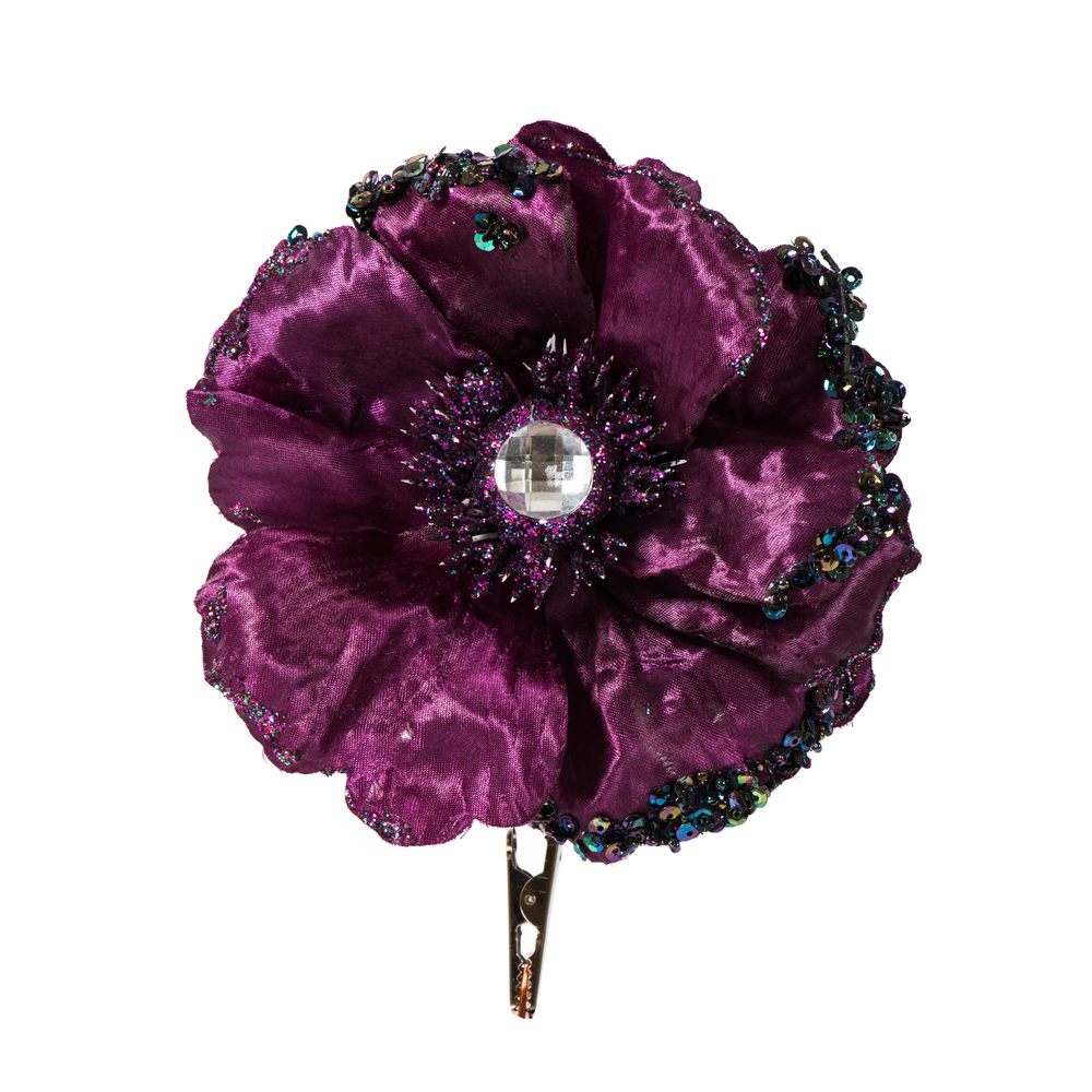 E175426 5 in. Artificial Polyester Wild Poppy Head Glitter & Clip with Sequin, Plum - Pack of 3