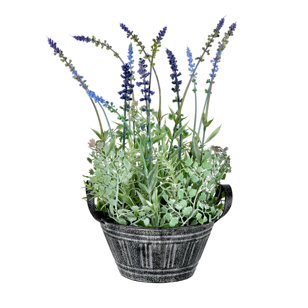 FJ190114 14.5 in. Artificial Lavender Floral with Galvanized Pot, Green