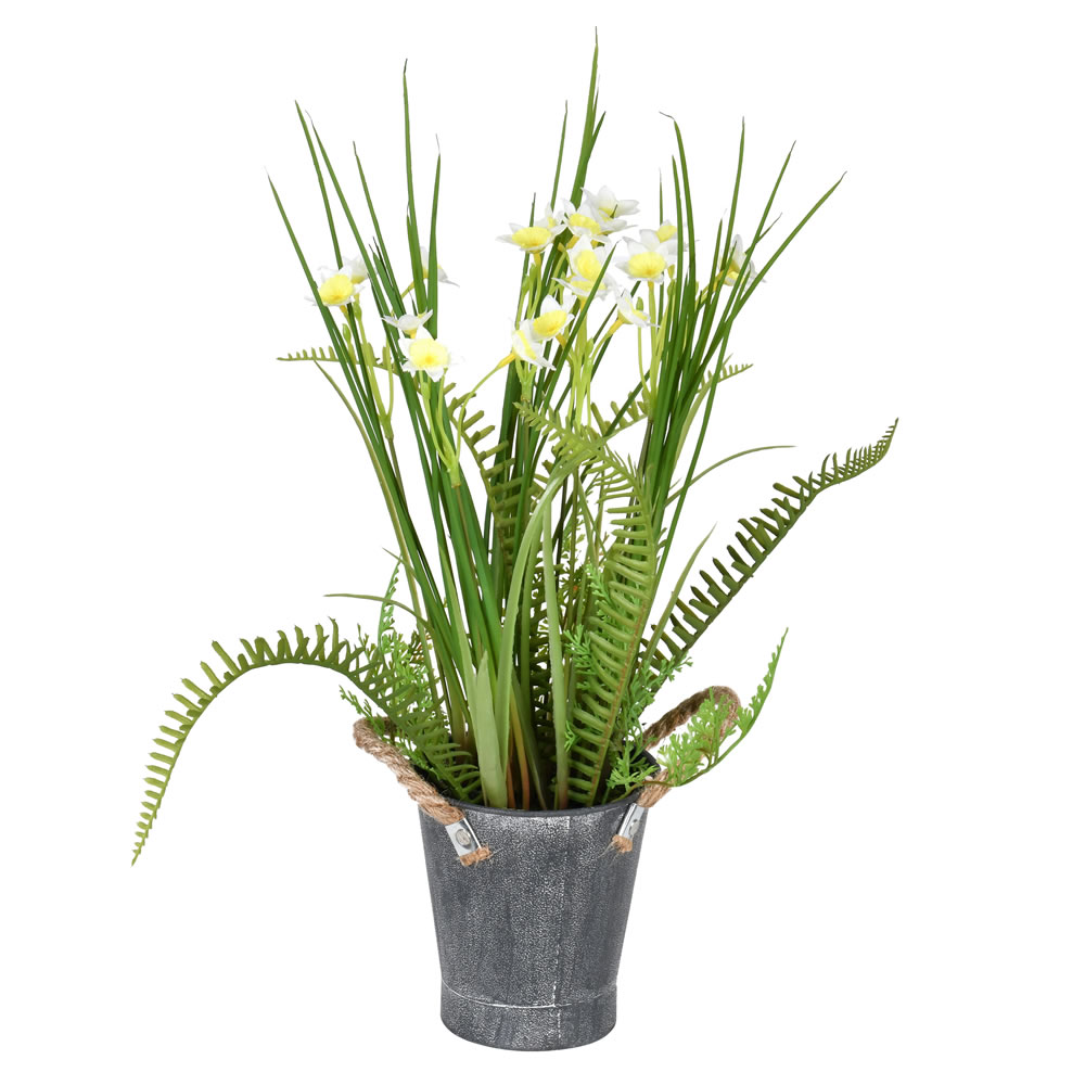 FJ190216 16.5 in. Artificial Daffodil Floral with Galvanized Pot, Green