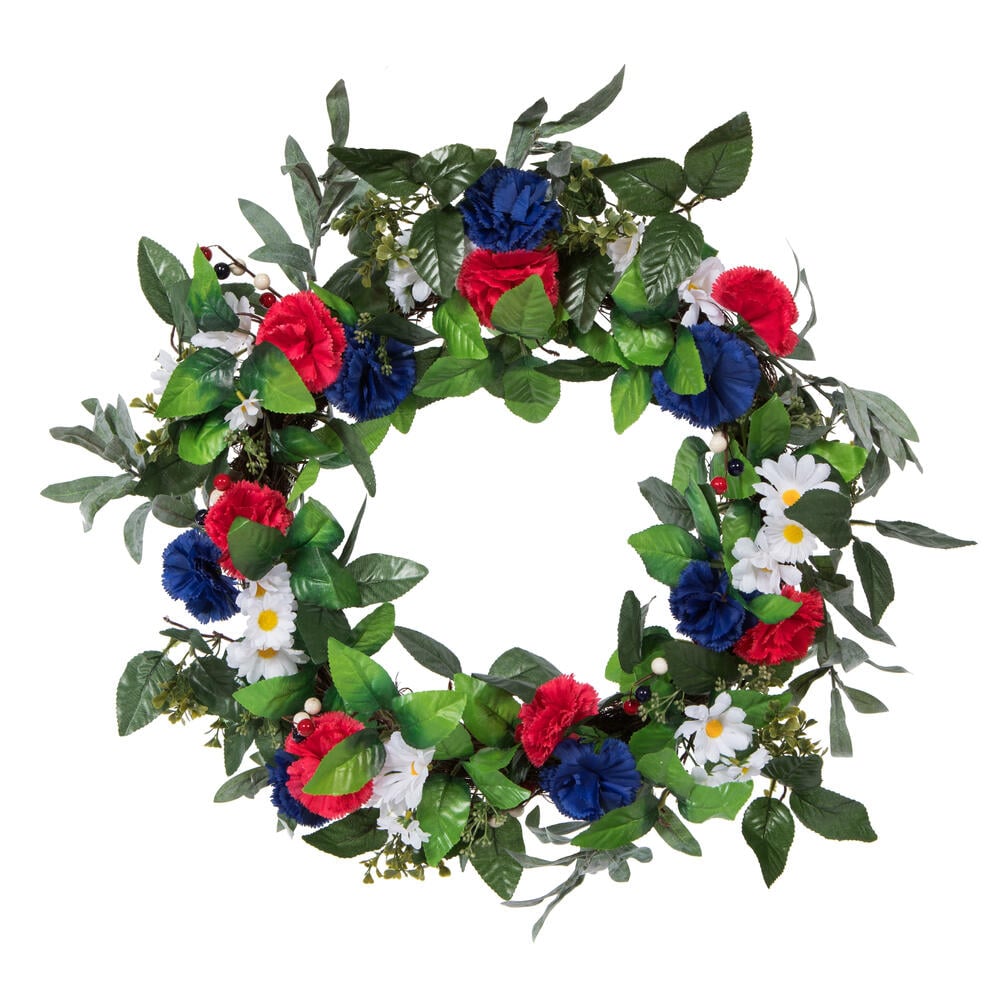 FO201722 22 in. Artificial Mixed Floral Wreath with Red, White & Blue Flowers Berries, Green