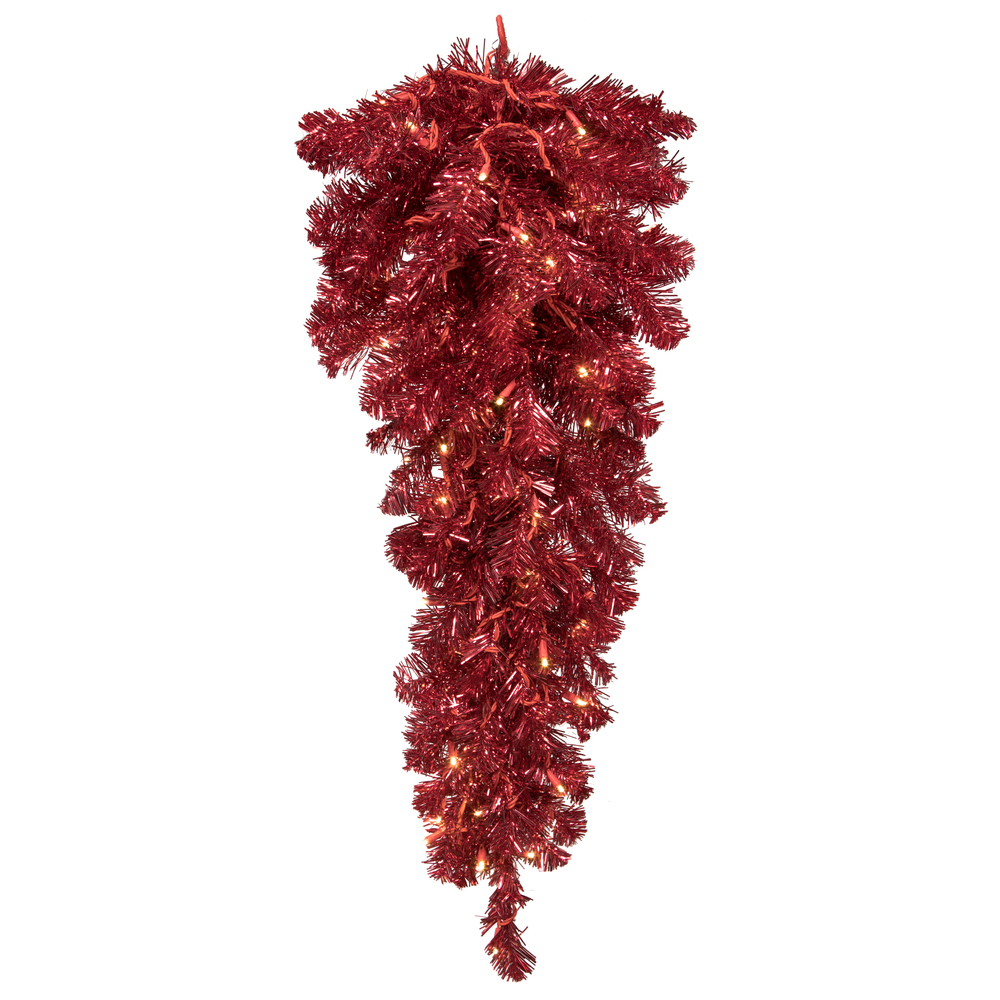 G214108LED 36 in. Artificial Deluxe Tinsel Christmas Teardrop with Single Mold Wide Angle Mini Lights, Red