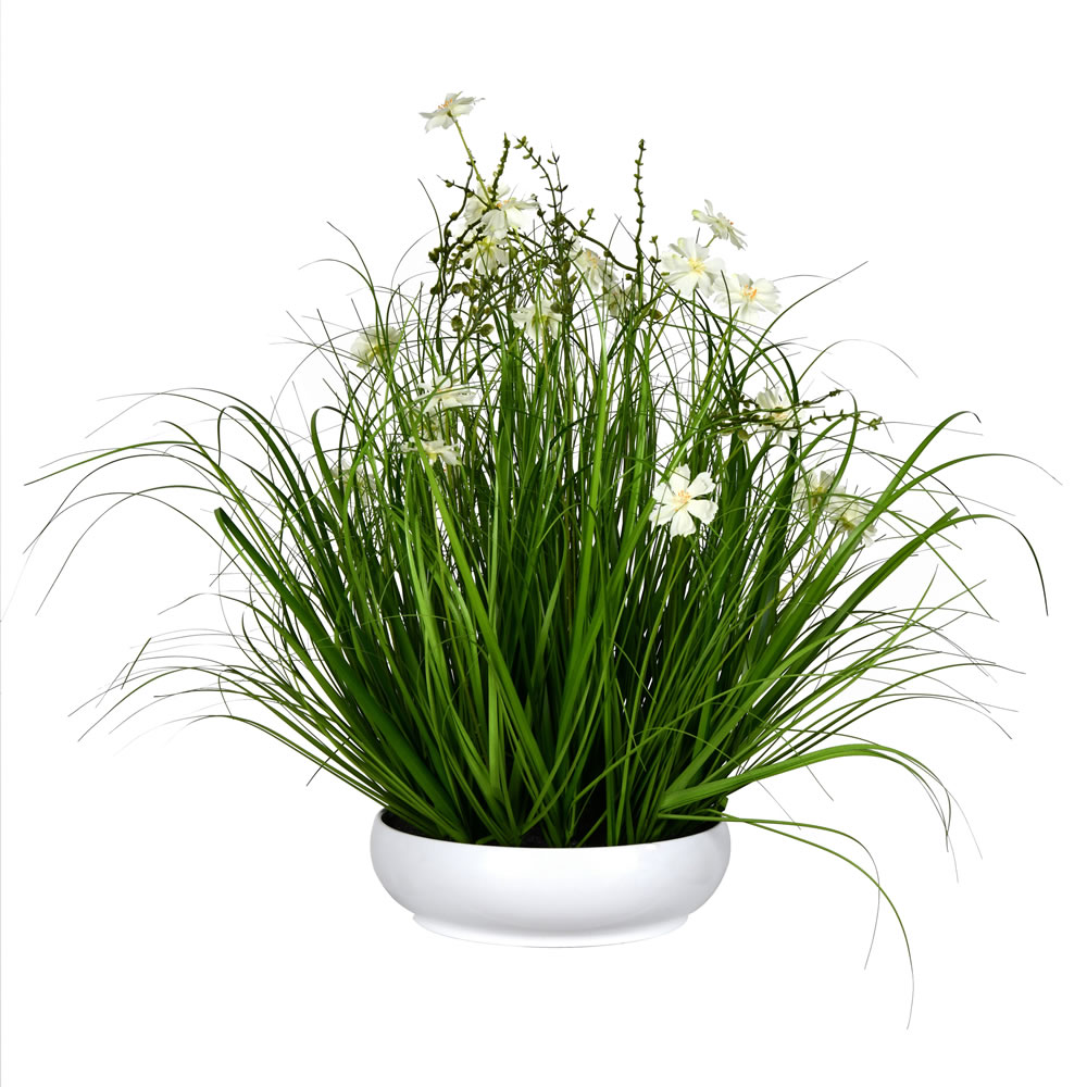 FV190425 25 in. Artificial Potted Cosmos & Grass with White Plastic Pot, Cream