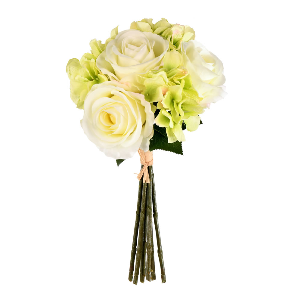 FA191005 13 in. Artificial Rose Hydrangea Bouquet Floral Bush, Green & Cream - Pack of 2