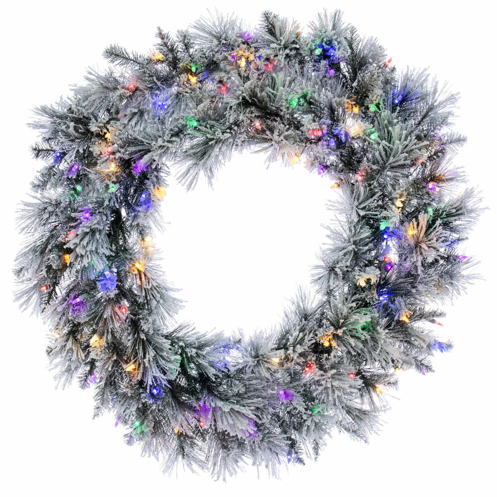 G225738LED 36 in. Flocked Jackson Pine Artificial Pre Lit Wreath with 100 Lights, Green & White