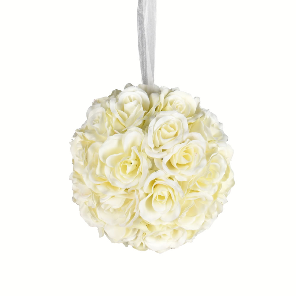 FA191511 8 in. Artificial Rose Ball Floral Ornament, White