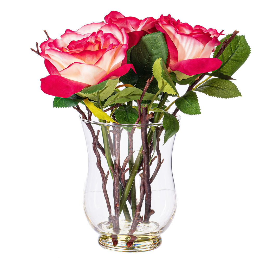 FX190202 10 in. Artificial Floral Rose with Glass Vase, Dark Pink