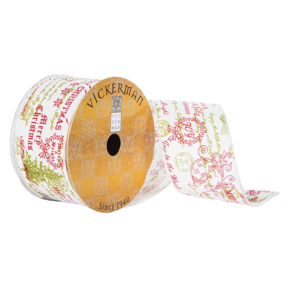 Q202744 2.5 in. x 10 yards Nostalgic Stamp Pattern Christmas Ribbon, Red & Green