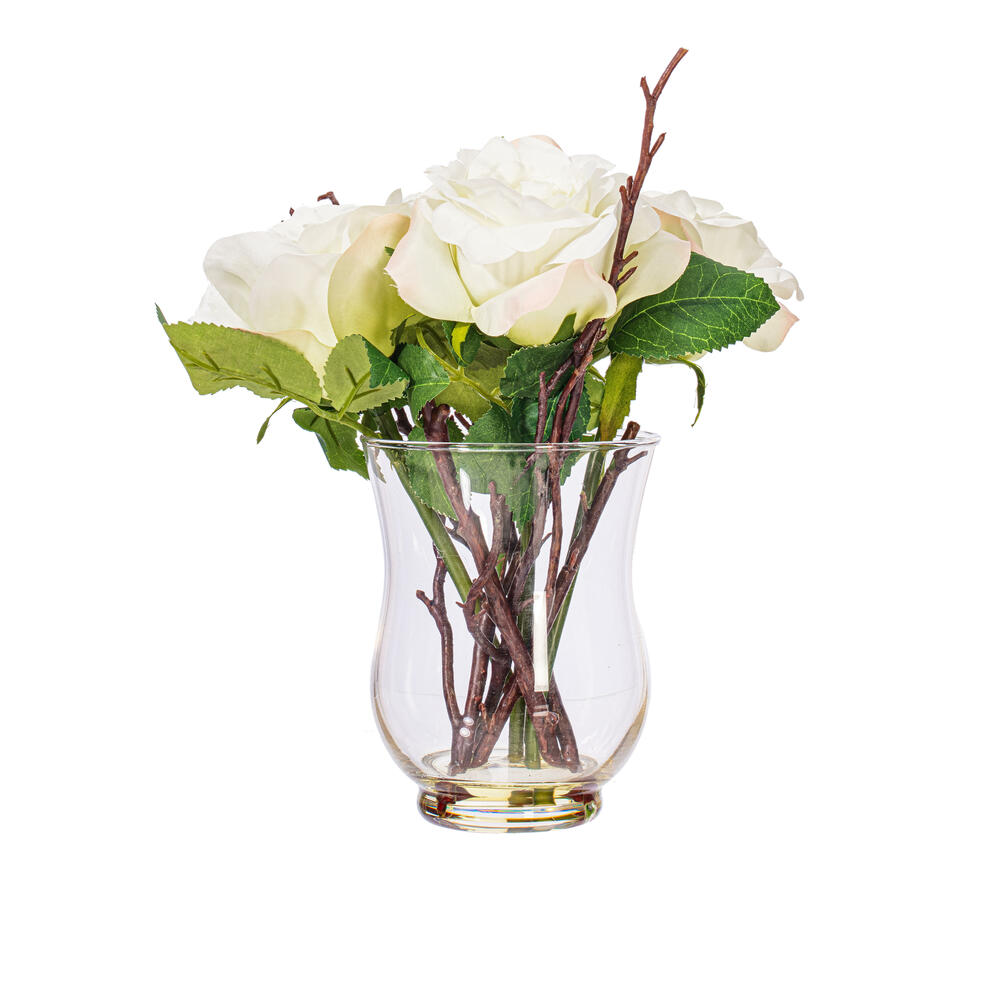 FX190201 10 in. Artificial Rose with Glass Vase, White