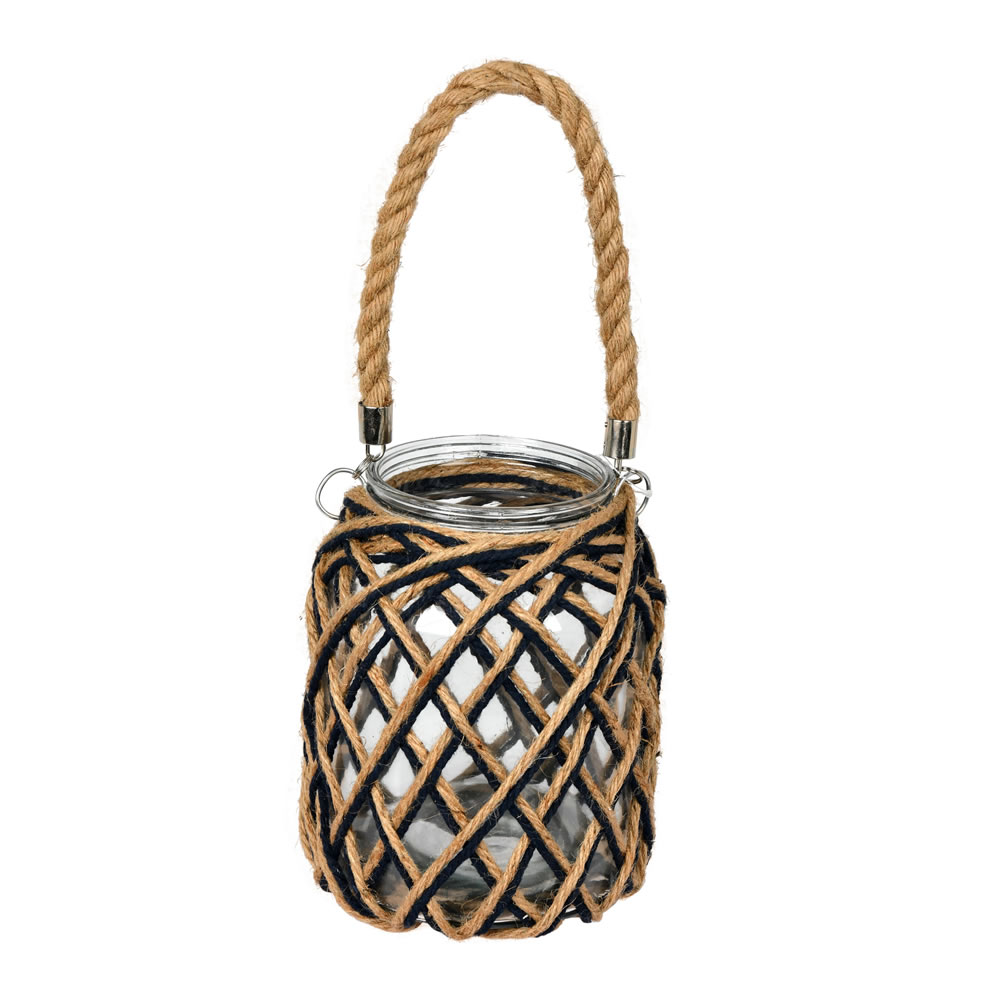 FQ195308 8.5 in. Glass Jar with Woven Jute Handle, Brown