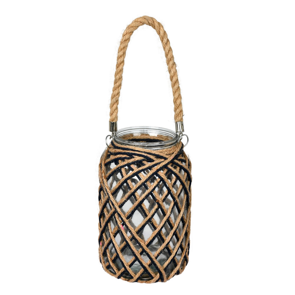 FQ196010 10.5 in. Glass Jar with Woven Jute Handle, Brown