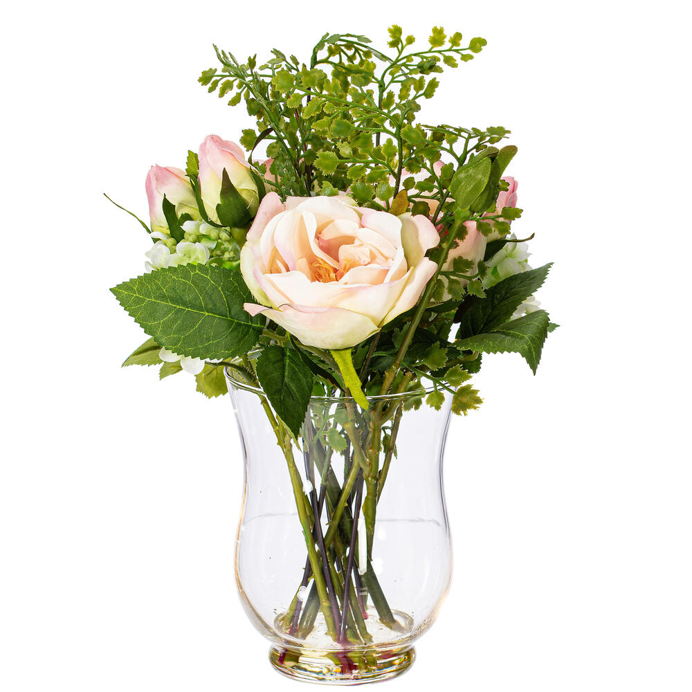 FX190411 11 in. Artificial Rose In Glass Vase, Pink