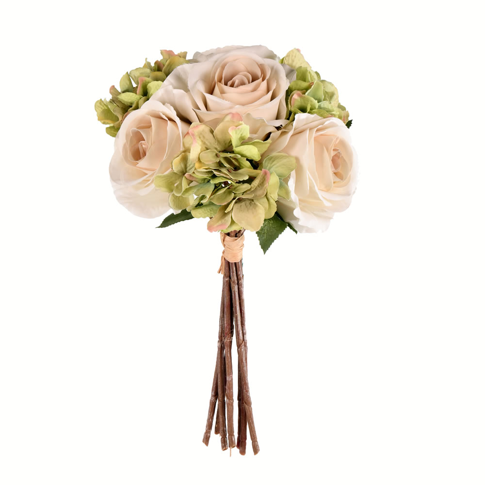 FA191004 13 in. Artificial Ivory Rose Hydrangea Bouquet Bush, Green - Pack of 2