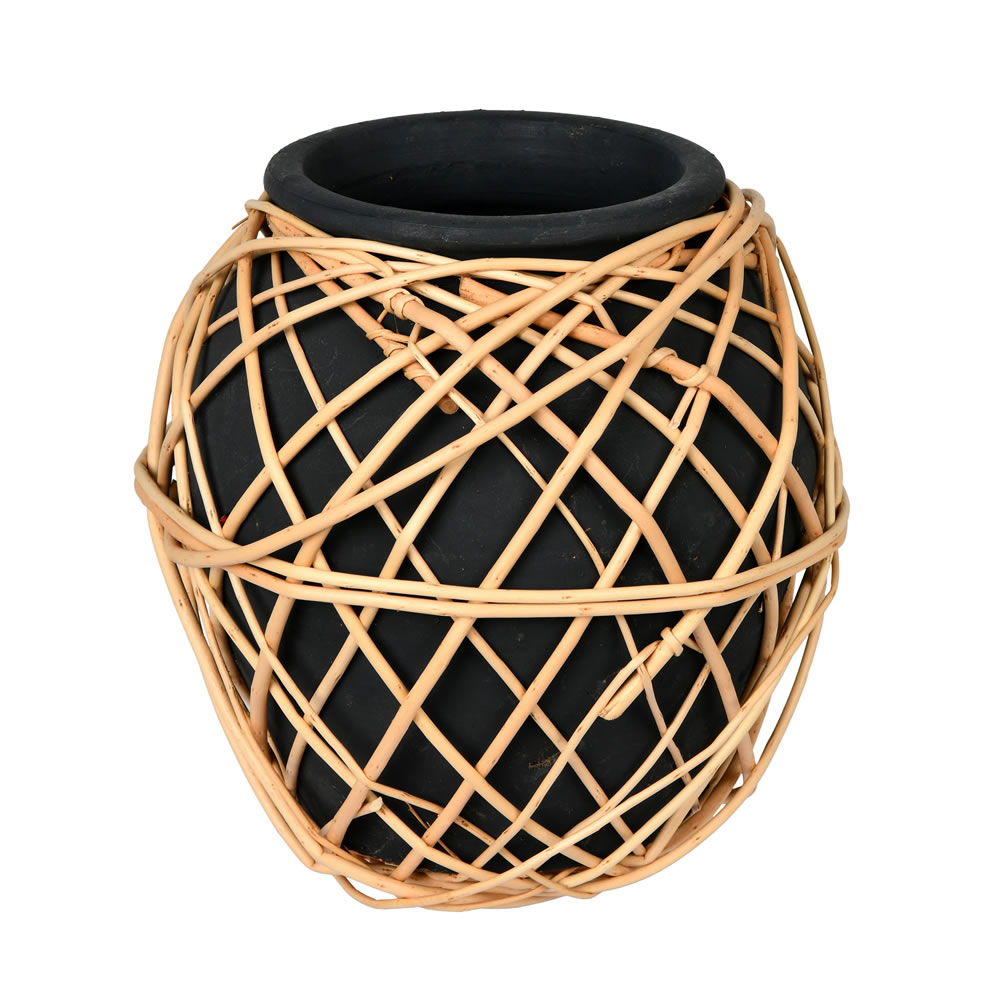 FQ194709 9 in. Charcoal Terracotta Vase with Wicker, Gray