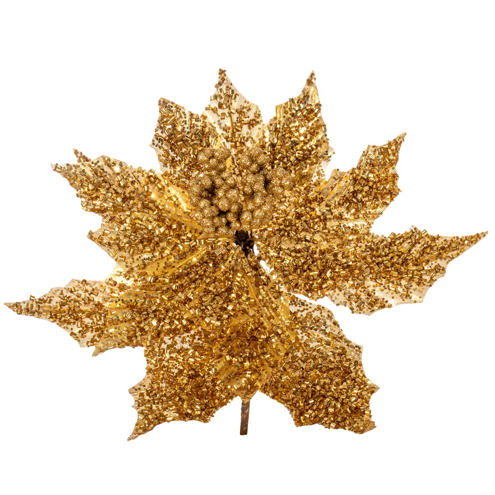 L250308UV 12 in. Gold Glitter UV Poinsettia Stem, 2 per Bag