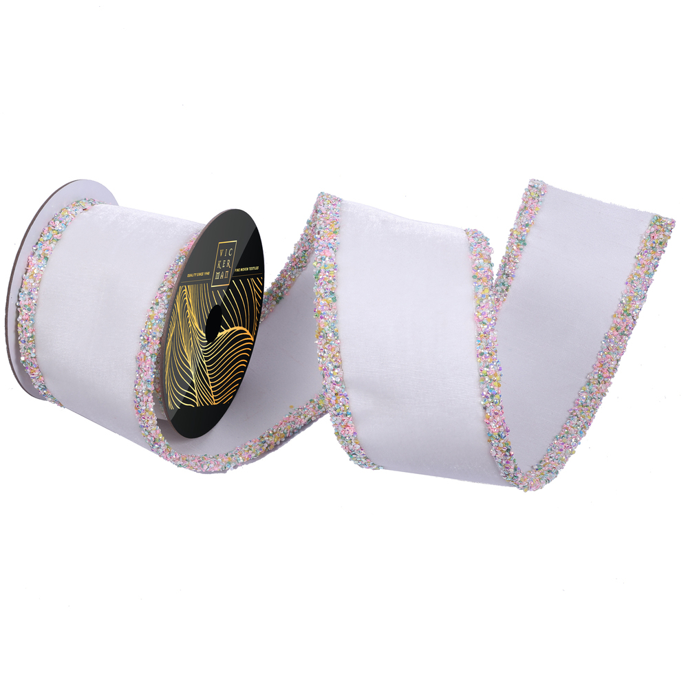 QK252111 4 in. x 5 Yard White Velvet Multi Irid Sequin Trim Wired Ribbon