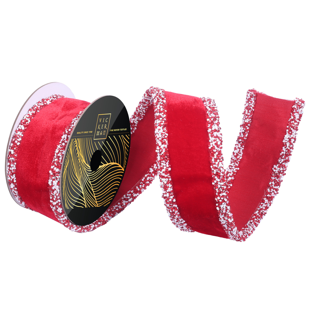 QK252403 2.5 in. x 5 Yard Red Velvet Red & White Sequin Trim Wired Ribbon