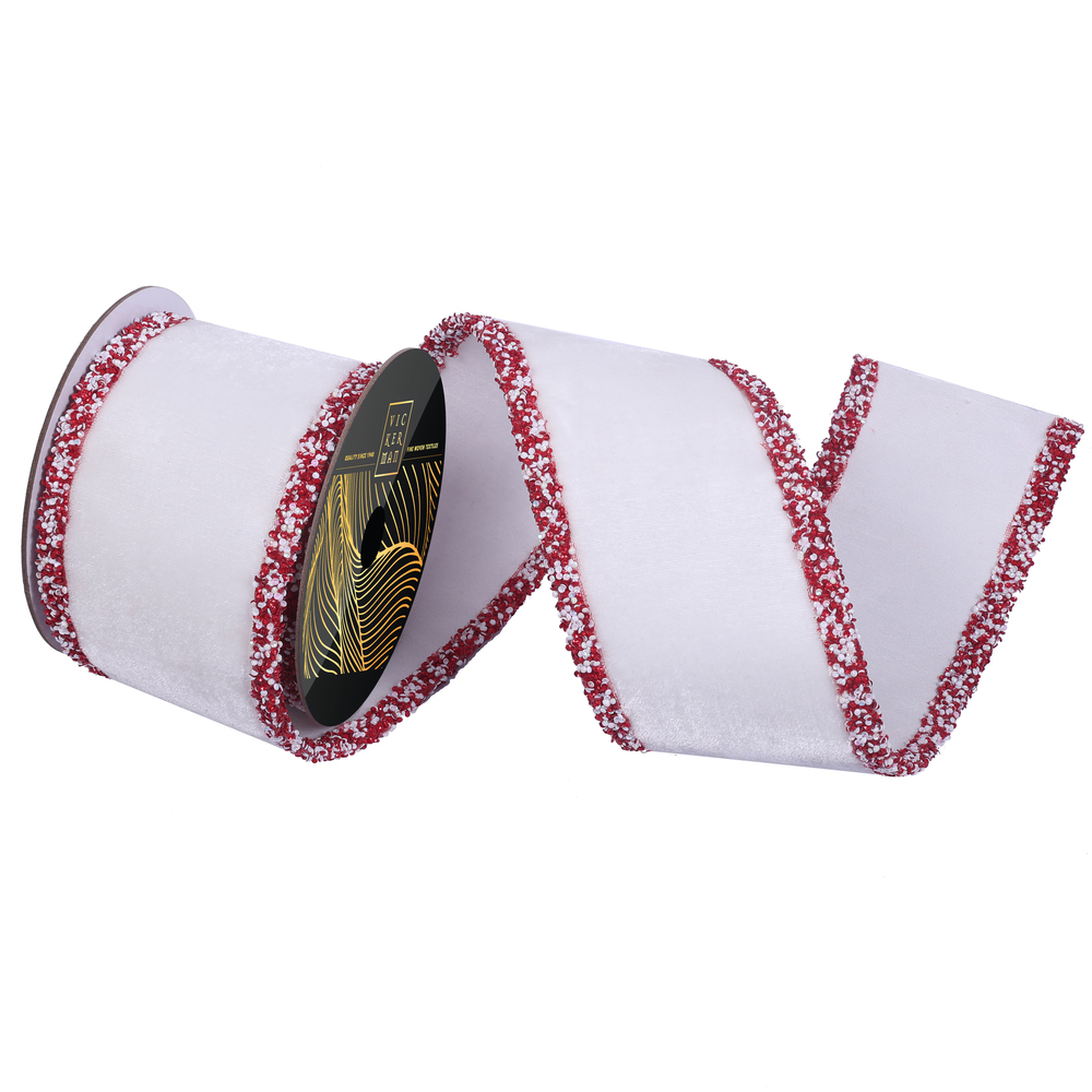 QK252511 4 in. x 5 Yard White Velvet Red & White Sequin Trim Wired Ribbon