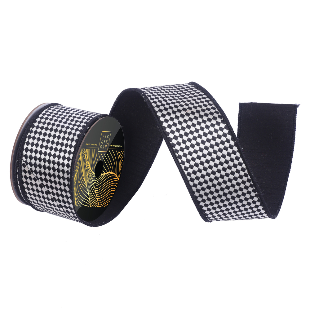 QK250517 2.5 in. x 10 Yard Blk & White Diagonal Checkerboard Wired Ribbon