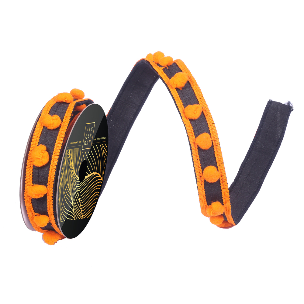 QK252318 1 in. x 10 Yard Black Dupion Orange Pom Pom & Trim Wired Ribbon