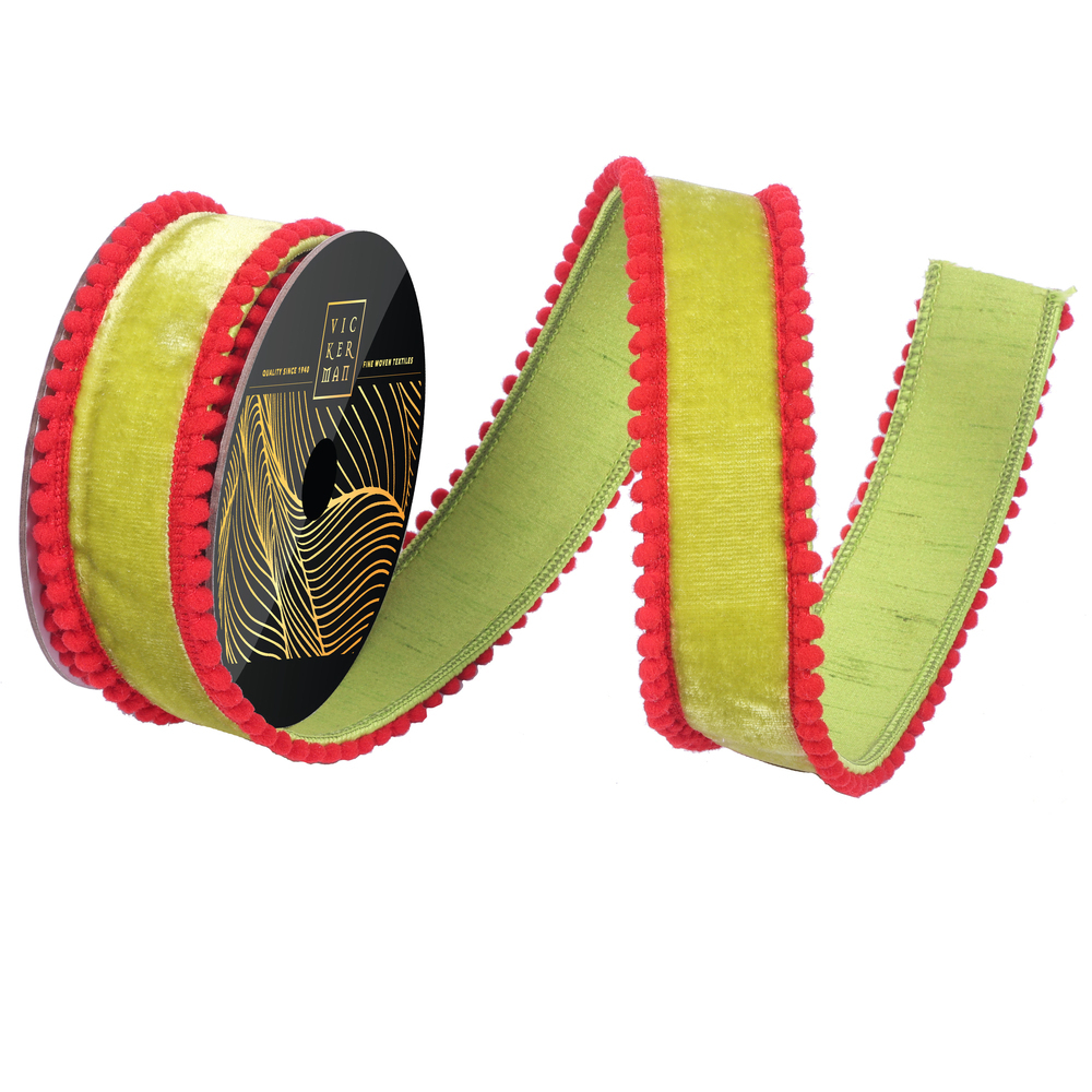 QK254573 1.5 in. x 10 Yard Lime Velvet Red Pom Pom Wired Ribbon
