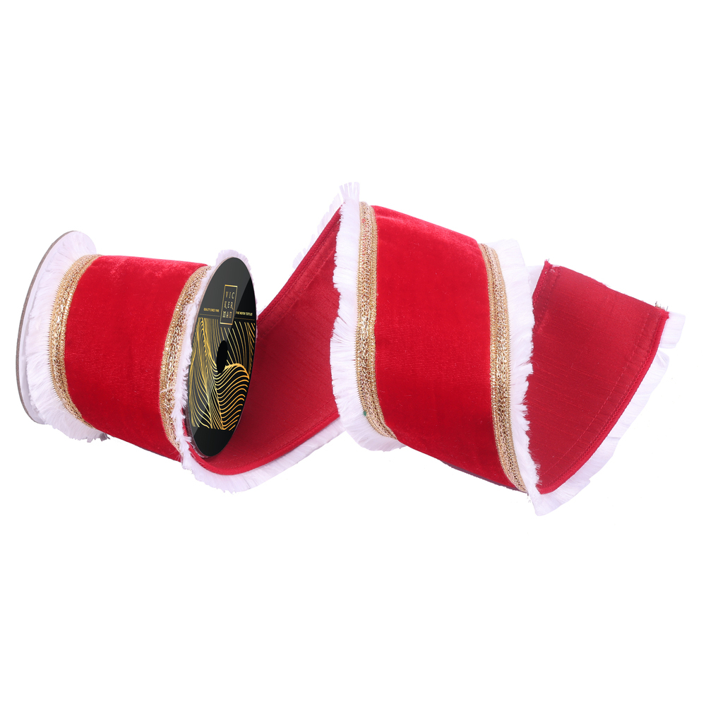 QK256703 4 in. x 10 yard Red Velvet Gold Line White Fringe Ribbon