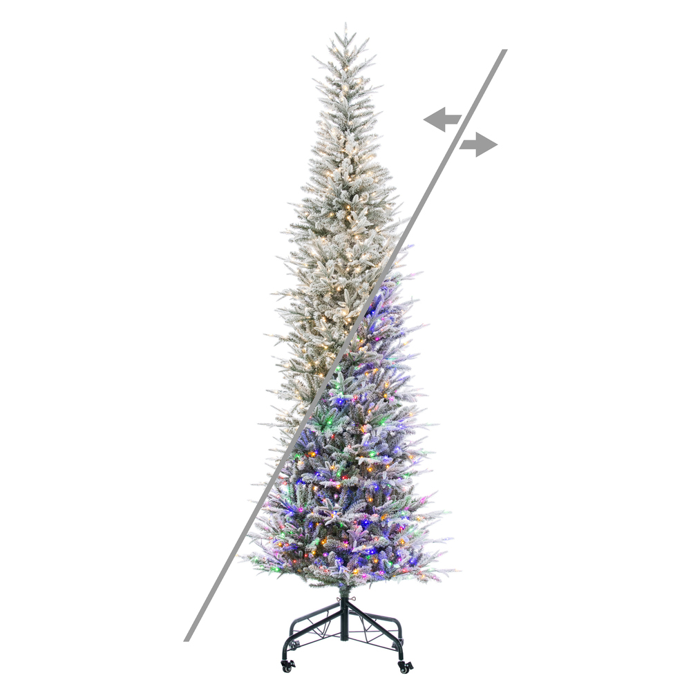 G236683LEDCC 9 ft. x 34 in. Green Frosted Tacoma Fraser Fir Pencil Artificial Pre-Lit Christmas Tree with 900 LED Color Changing - 3 mm