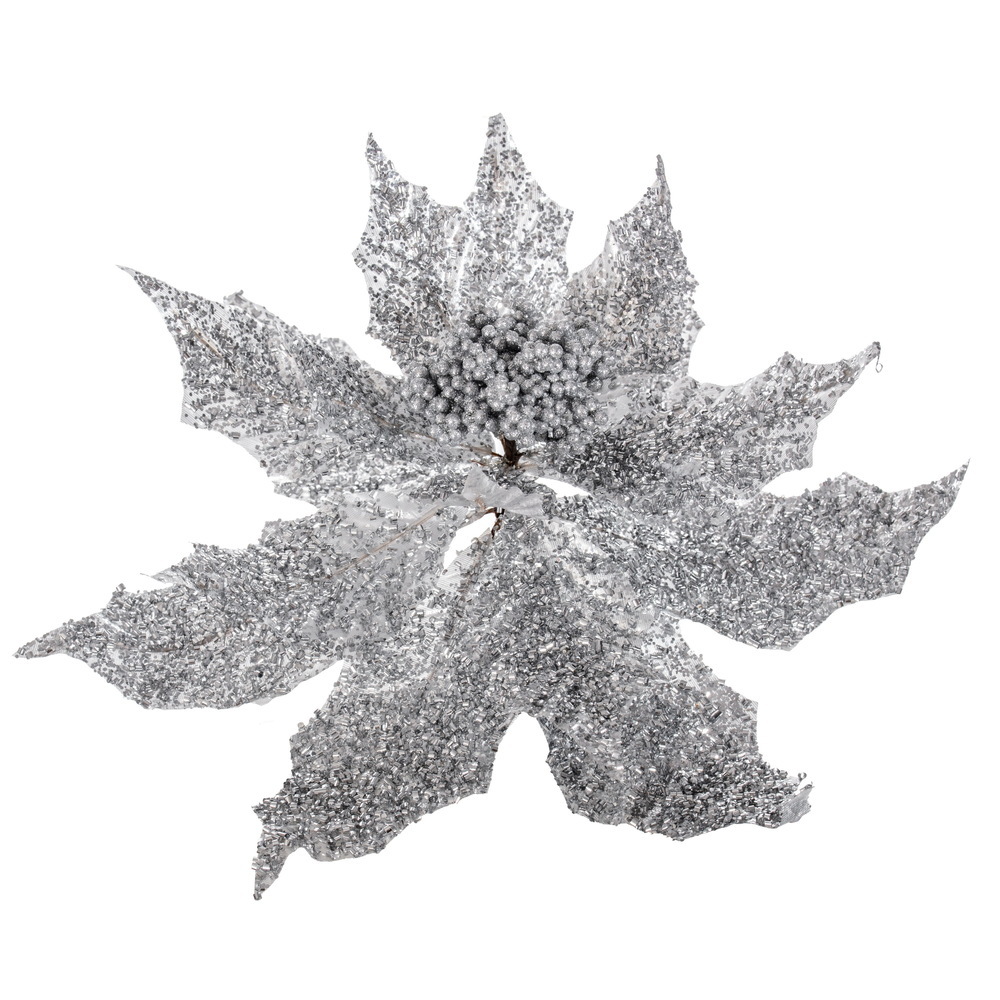 L250507UV 18 in. Silver Glitter UV Poinsettia Stem