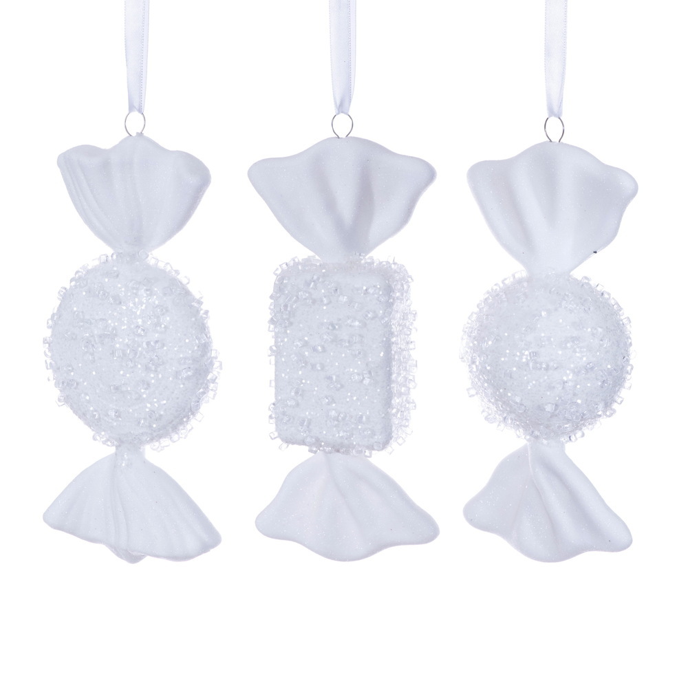 MT255011W 7-8 in. White Icy Sugar Flat Candy Ornament - Set of 3