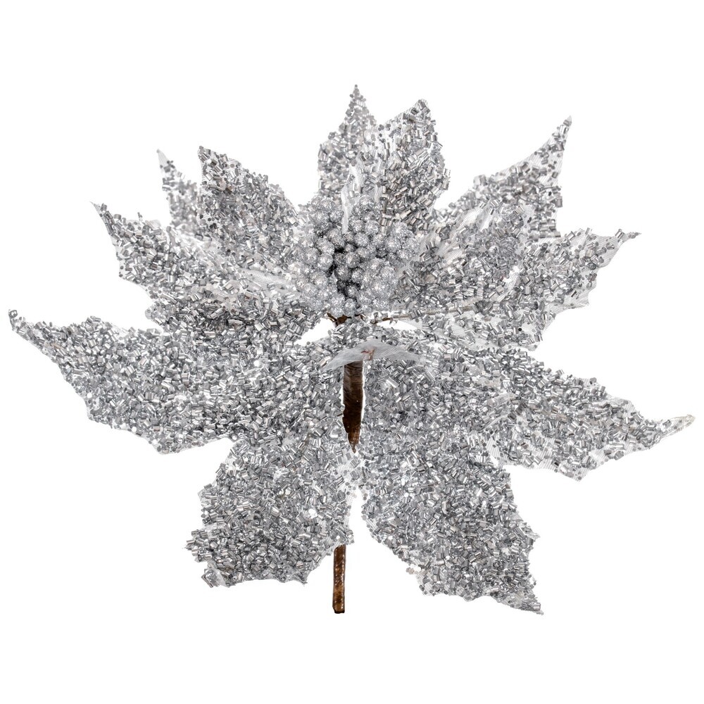 L250307UV 12 in. Silver Glitter UV Poinsettia Stem, 2 per Bag