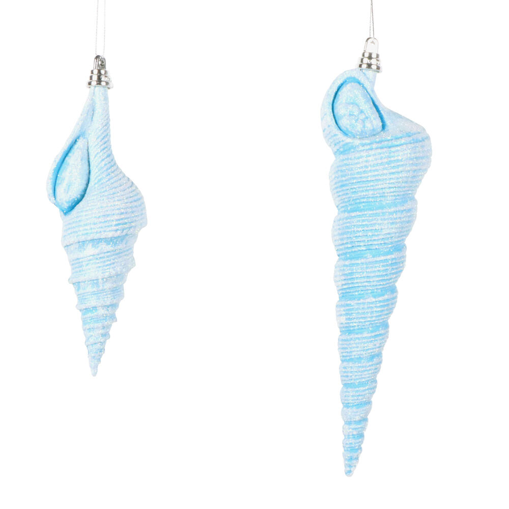 MT256212W 9 in. Turquoise Conical Shell Glitter Ornament - Set of 2