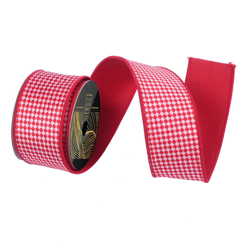 QK250503 2.5 in. x 10 Yard Red & Pink Diagonal Checkerboard Wired Ribbon