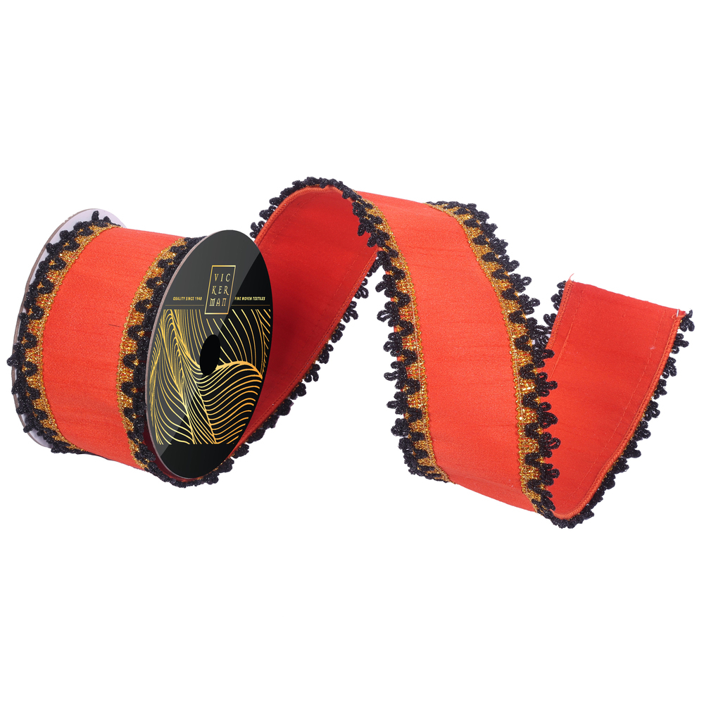 QK254218 3 in. x 10 yard Orange Dupion Gold & Black Trim Ribbon