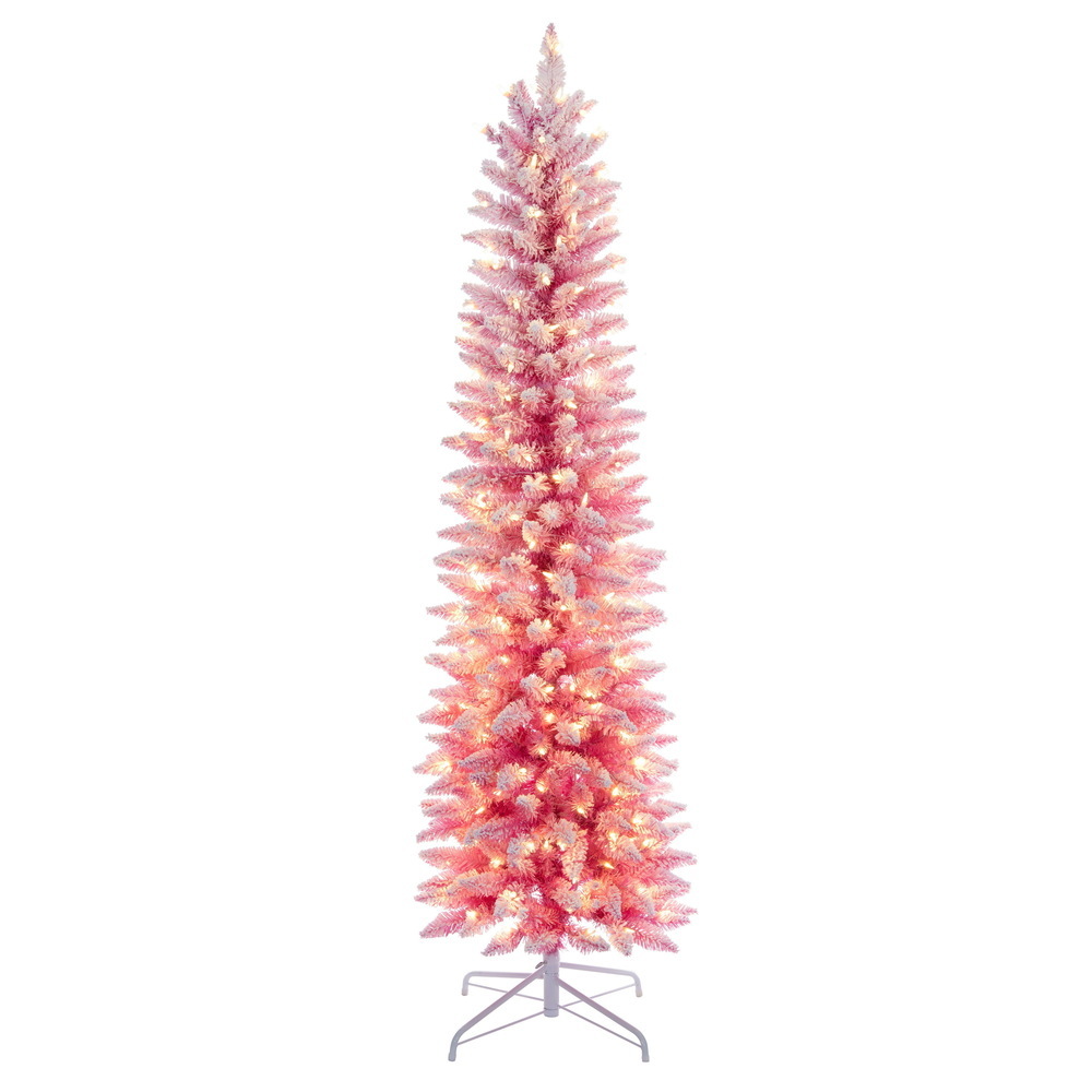 K255046LED 4.5 ft. x 19 in. Flocked Pink Pencil Fir Artificial Pre-Lit Christmas Tree with 100 Dura-Lit Warm White Mini Lights - White & Pink