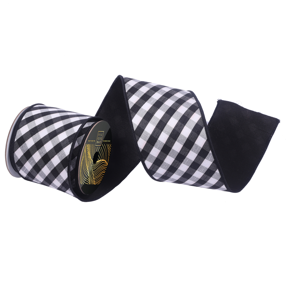 QK253417 4 in. x 10 yard Black & White Diagonal Buffalo Plaid Ribbon