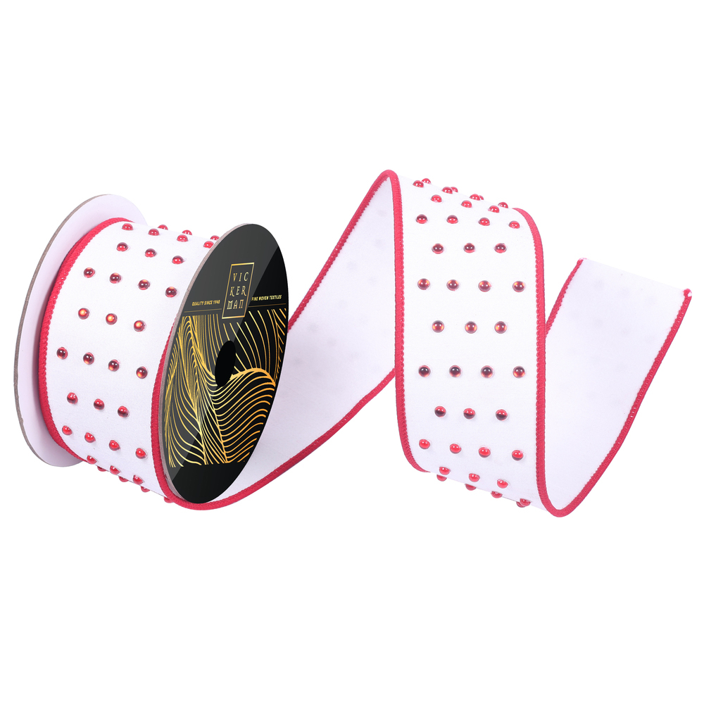QK253503 2.5 in. x 10 Yard White Dupion Red Candy Button Wired Ribbon