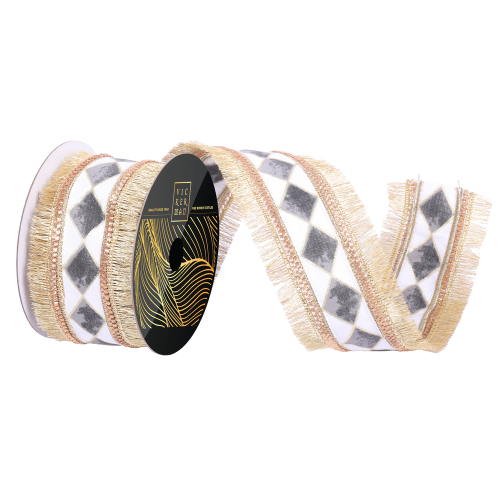 QK254408 2.5 in. x 10 Yard Gold Fringe Black & White Checker Wired Ribbon