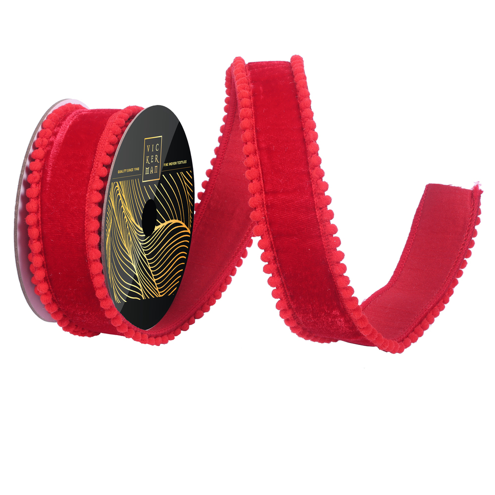 QK254503 1.5 in. x 10 Yard Red Velvet Red Pom Pom Wired Ribbon