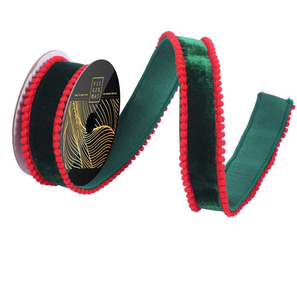QK254524 1.5 in. x 10 Yard Emerald Velvet Red Pom Pom Wired Ribbon
