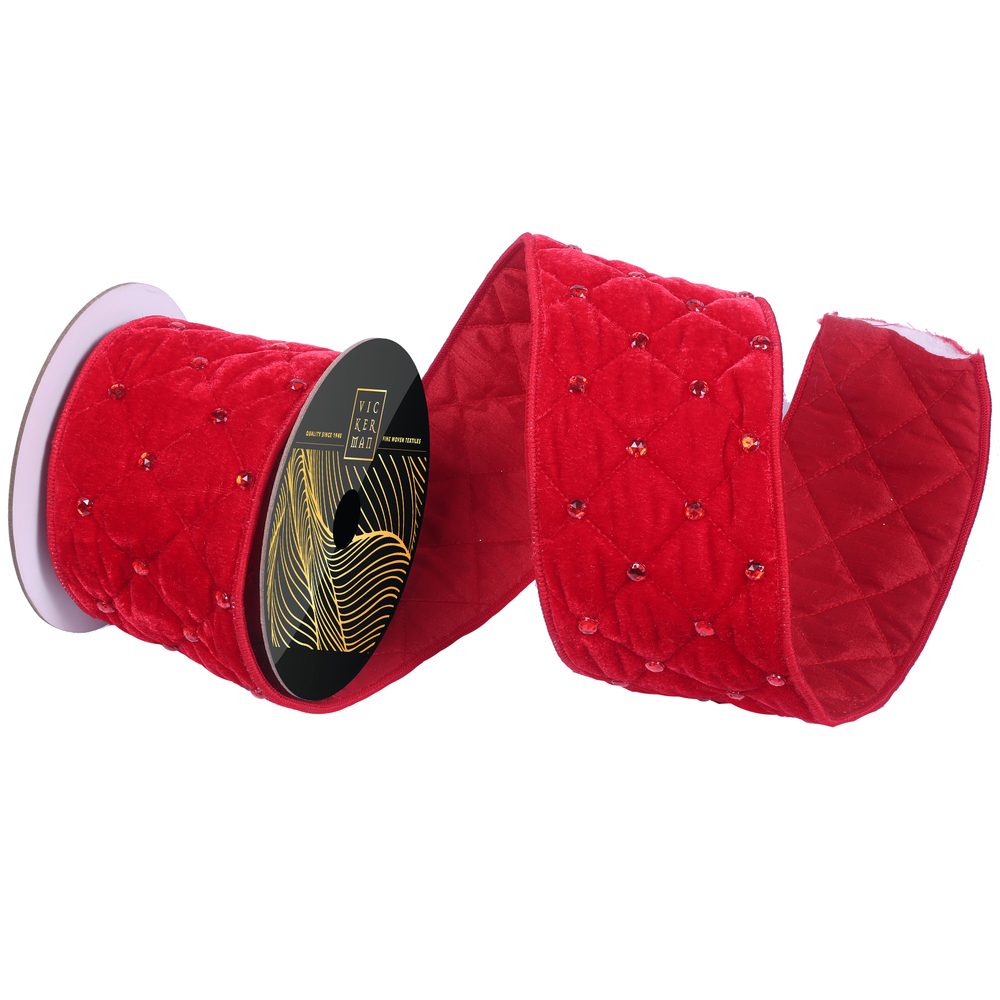 QK254603 4 in. x 5 Yard Red Velvet Quilt Red Jewel Wired Ribbon