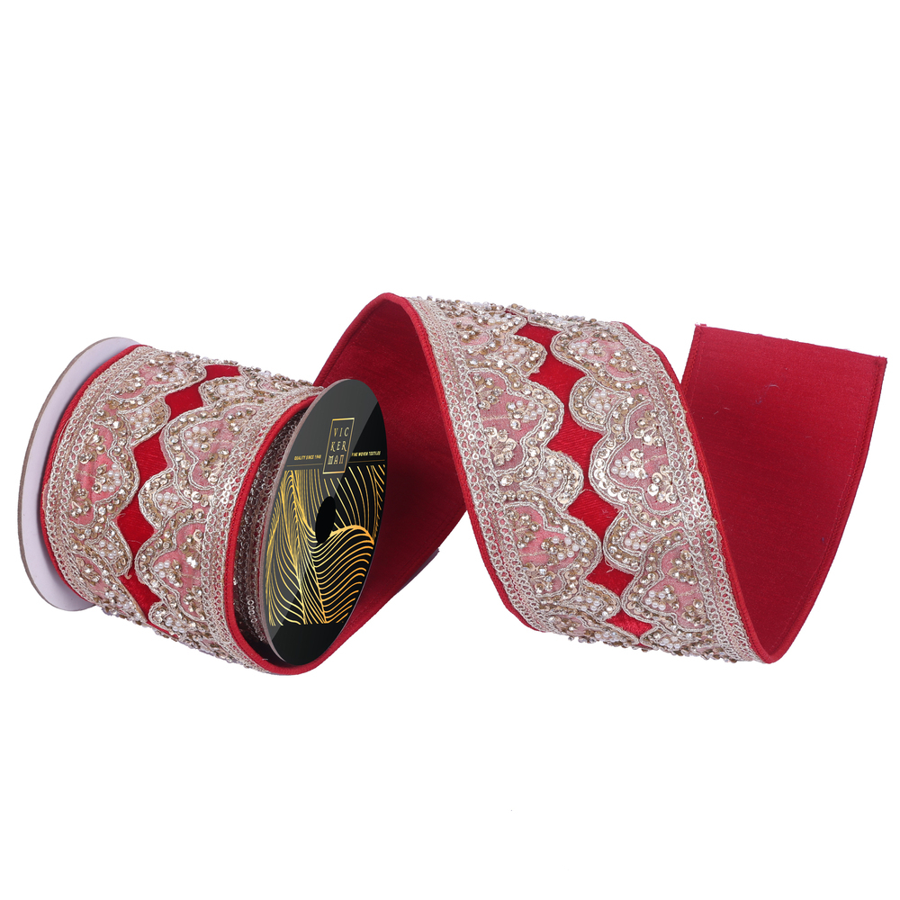 QK254703 4 in. x 5 Yard Red Velvet Champ Sequin Jewel Pearl Wired Ribbon