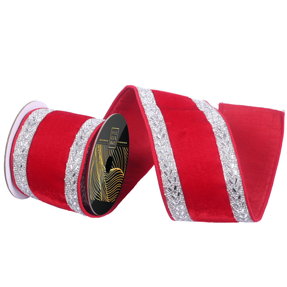 QK256303 4 in. x 5 yard Red Velvet Silver Jewel Trim Ribbon