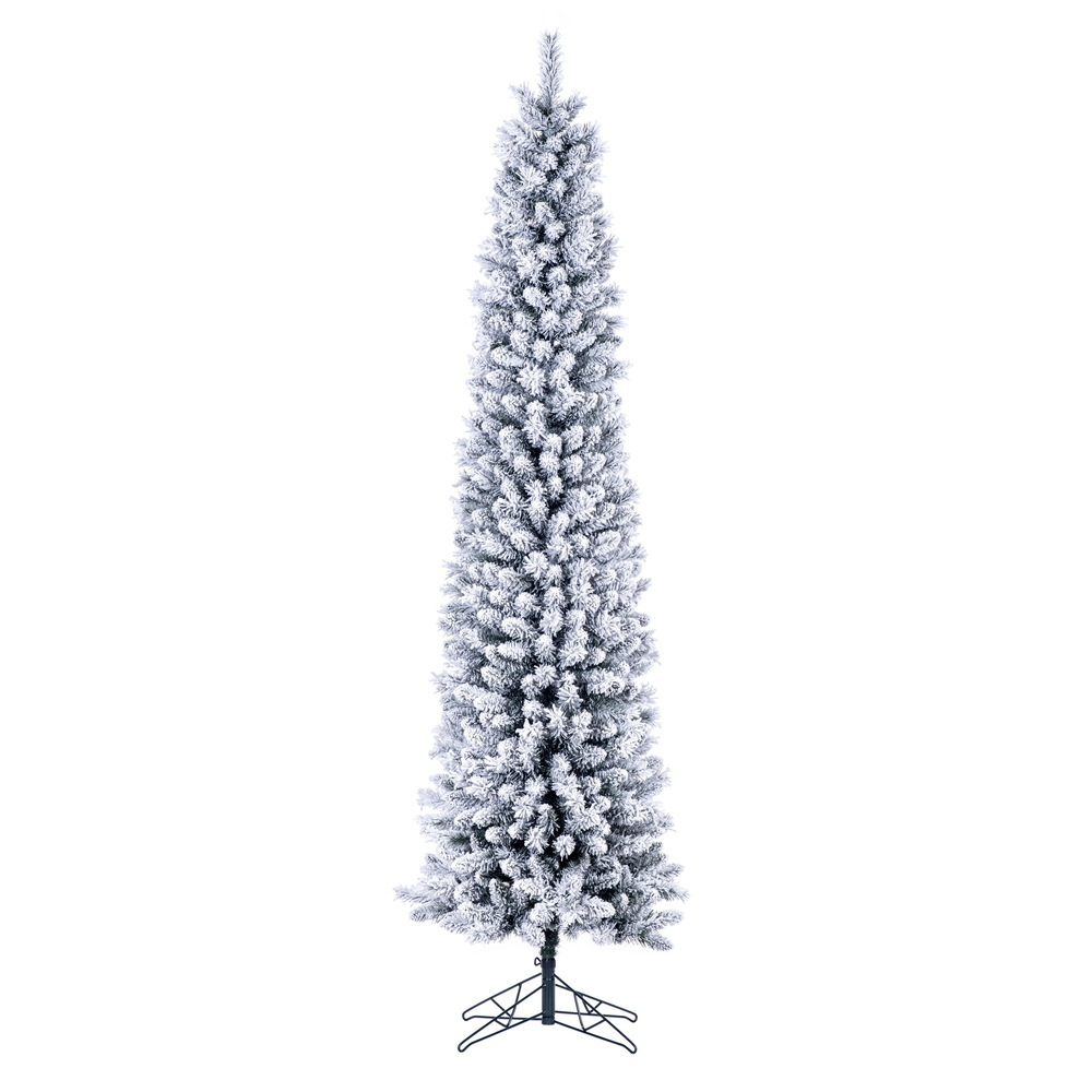 G256375 7.5 ft. x 25 in. Flocked Crest Pencil Artificial Un-Lit Christmas Tree - 592 Realistic PVC Tips & Folding Metal Tree Stand - Green & White