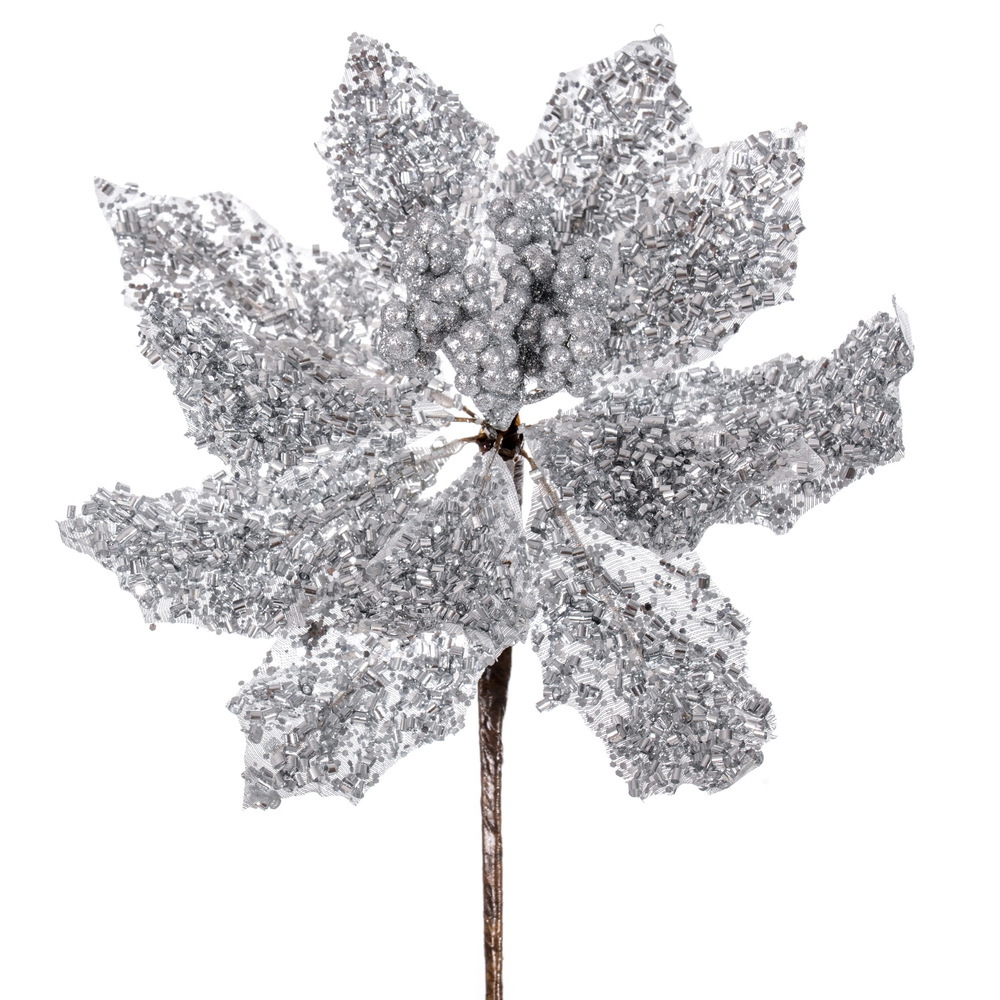 L250107UV 9 in. Silver Glitter UV Poinsettia Stem, 3 per Bag