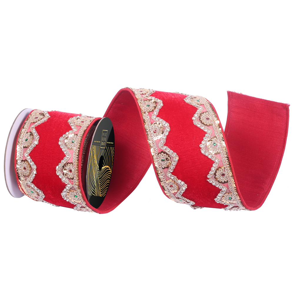 QK251300 4 in. x 5 yard Red Velvet Champ Jewel & Sequin Trim Ribbon
